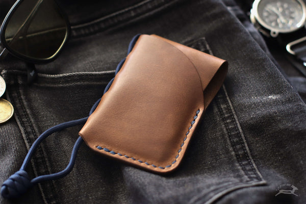 Tan leather wallet with blue paracord lanyard - OCHRE handcrafted