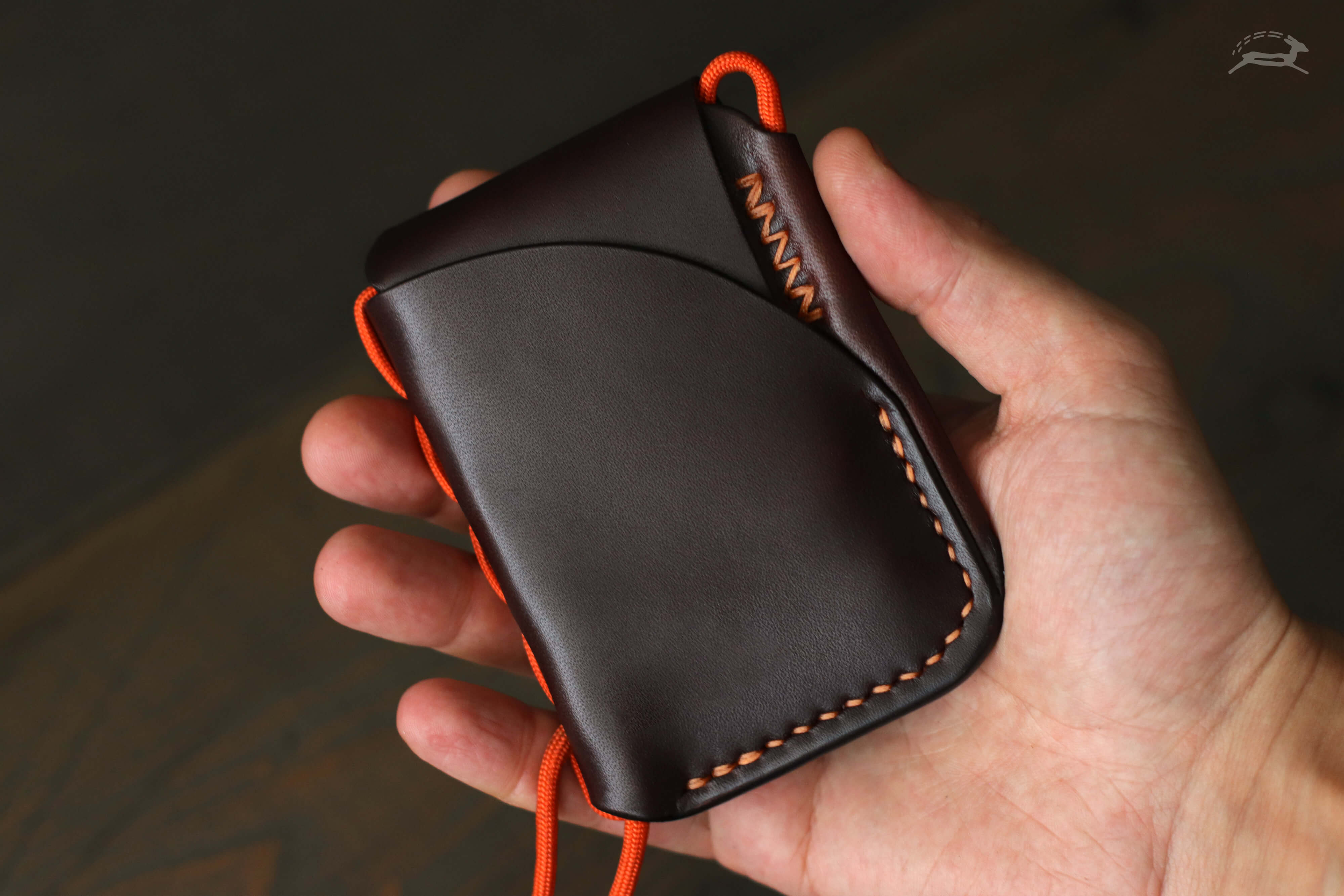 Dark Brown Leather wallet with safety orange lanyard - OCHRE handcrafted