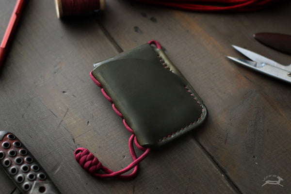 Dark green olive leather wallet with red stitch - minimalist cardholder - OCHRE handcrafted