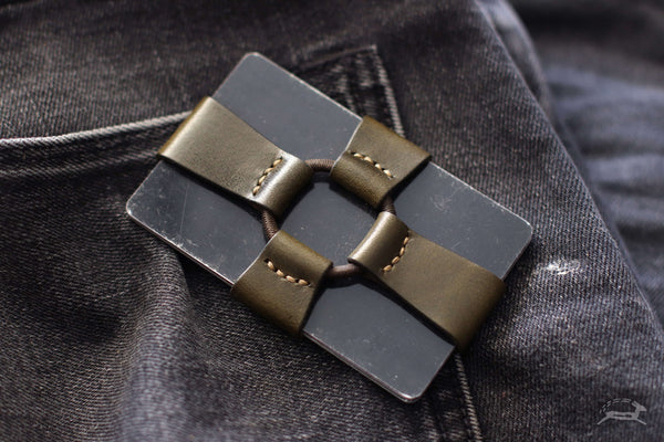 Green Leather Card Holder with tan stitching - OCHRE handcrafted