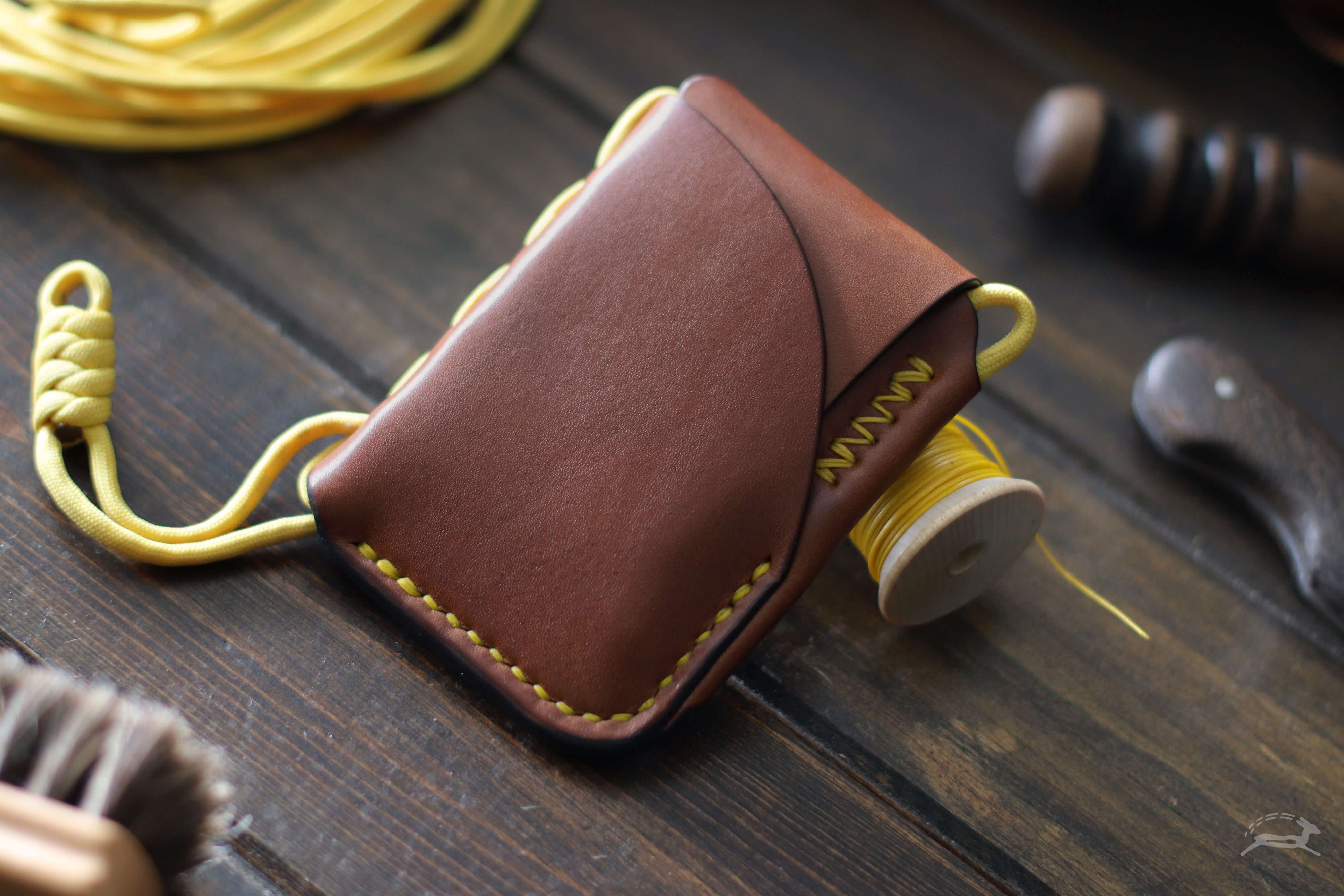 Tan Leather wallet with bright yellow stitching - OCHRE handcrafted