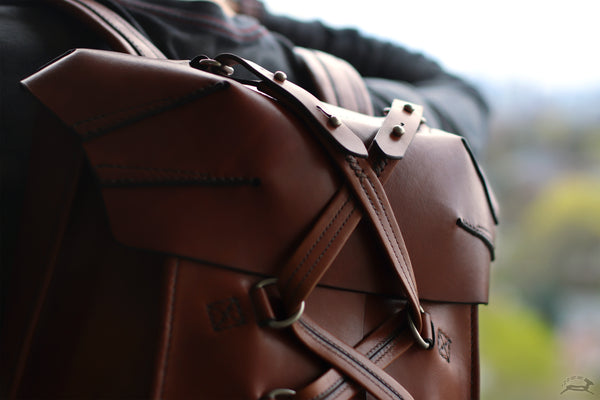 Handmade Brown Leather Rucksack outdoors - OCHRE handcrafted