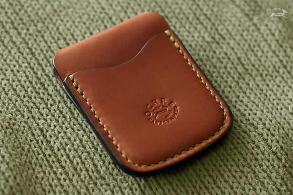 Tan Leather Wallet with Green Stitch, thick wool sweater - OCHRE handcrafted