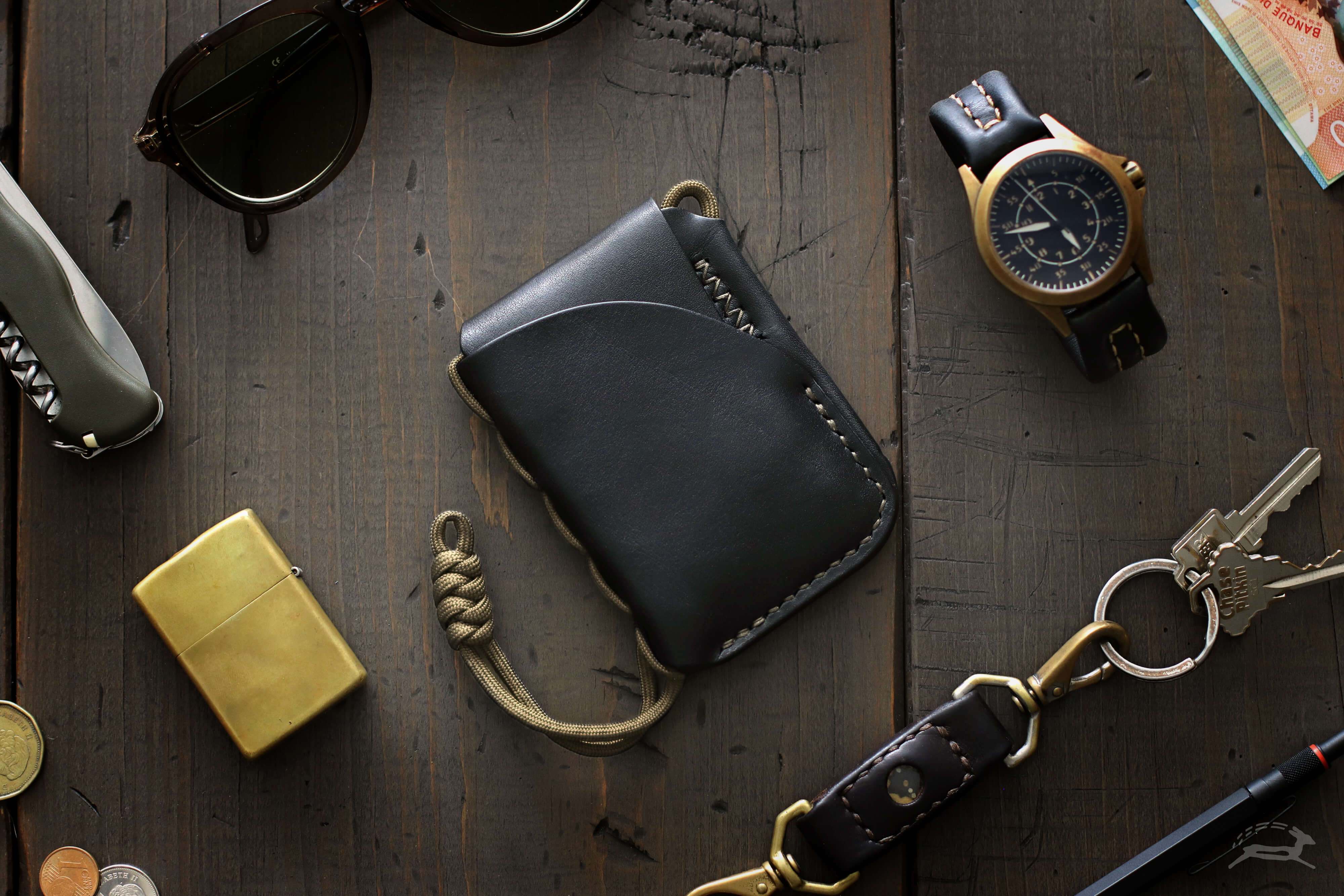 black leather edc with brass zippo and brass watch - OCHRE handcrafted